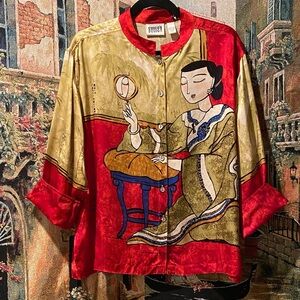 Artistic Vintage Asian Silk Blouse with Bold Colors